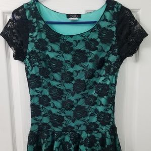 Deb Tops - Black Rose Lace Overlay Women's Blouse Teal Green Deb Tops - Black Rose Lace Overlay Women's Blouse Teal Green